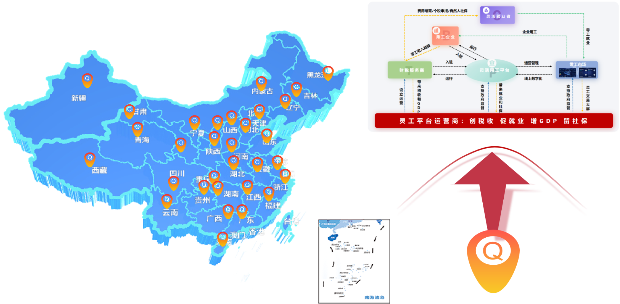 灵工经济区域布局示意：中国地图、产业流程与增长箭头